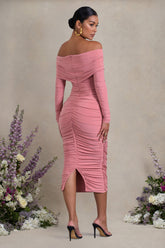 Blush Pink Ruched Twist Bardot Long-Sleeve Maternity Midi Dress